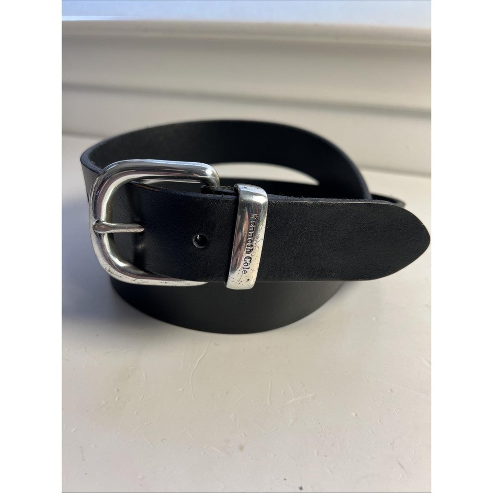 VTG Kenneth Cole Black Leather Belt Nickel Logo Buckle Belt Sz 40 1-5/16"Wide